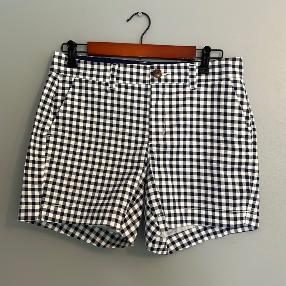 Blue and white plaid shorts